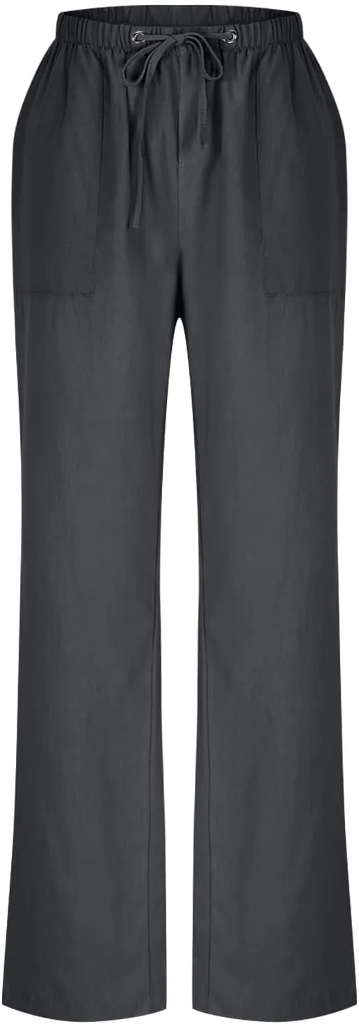 Summer Pants for Women Plus Size Cotton Linen Pant High Waisted Drawstring Wide Leg Lounge Trousers with Pockets