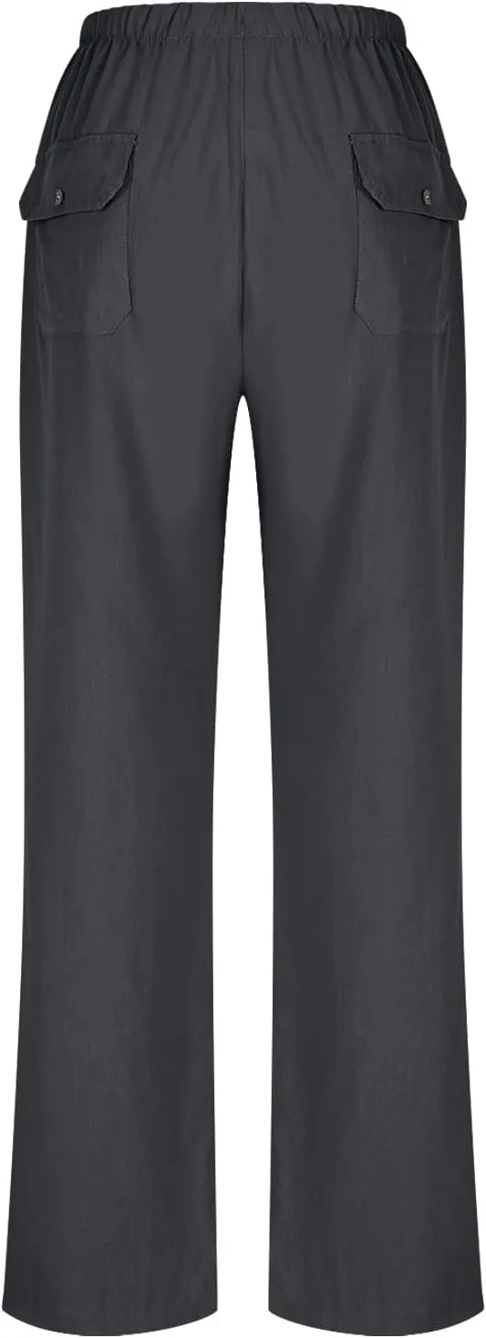 Summer Pants for Women Plus Size Cotton Linen Pant High Waisted Drawstring Wide Leg Lounge Trousers with Pockets