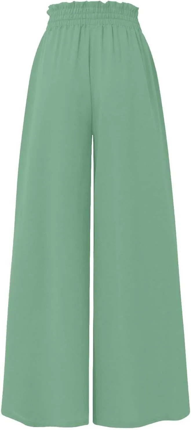 Summer Pants for Women Wide Leg Elastic Waisted Chiffon Baggy Flowy Long Lounge Trousers Vacation Pant with Pockets