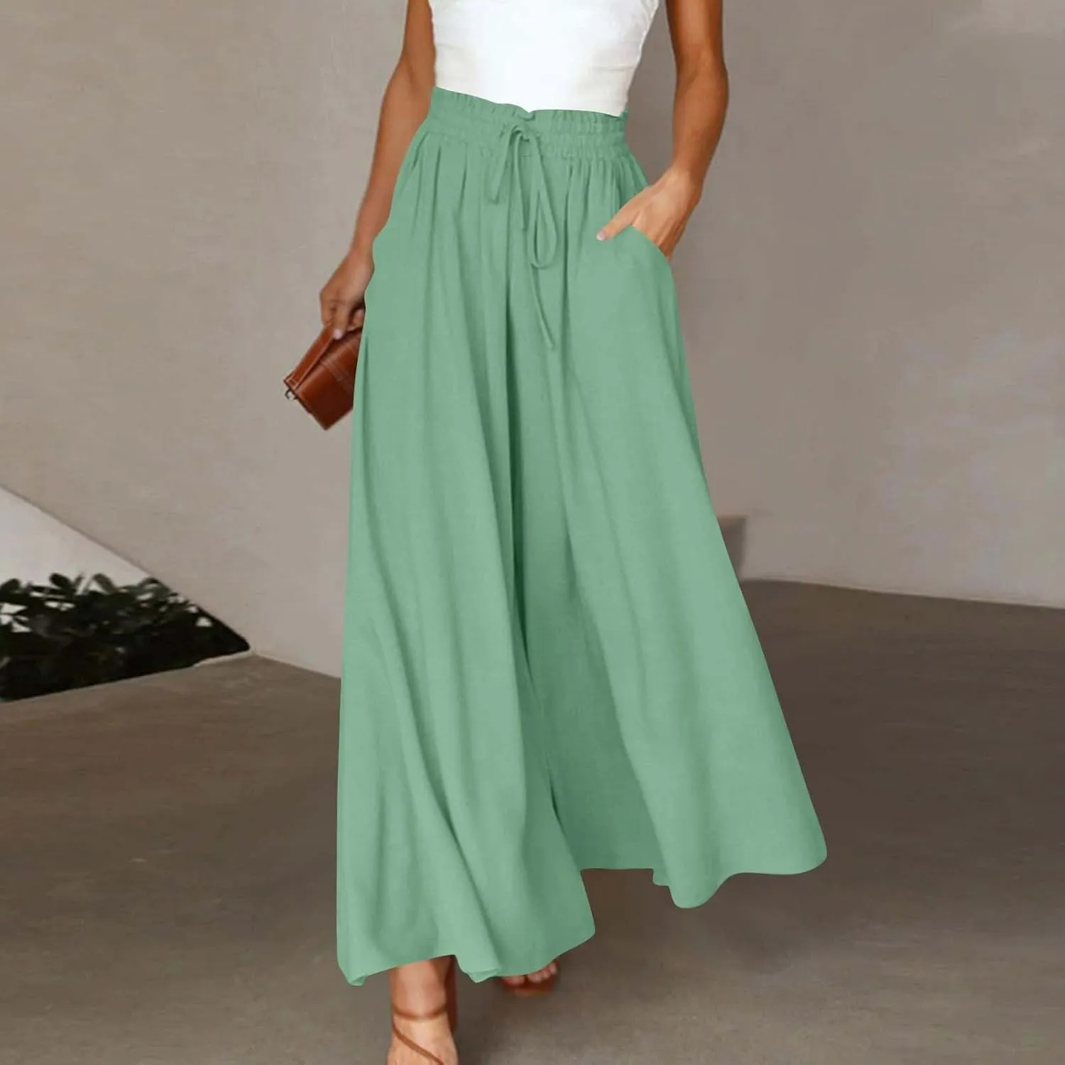 Summer Pants for Women Wide Leg Elastic Waisted Chiffon Baggy Flowy Long Lounge Trousers Vacation Pant with Pockets