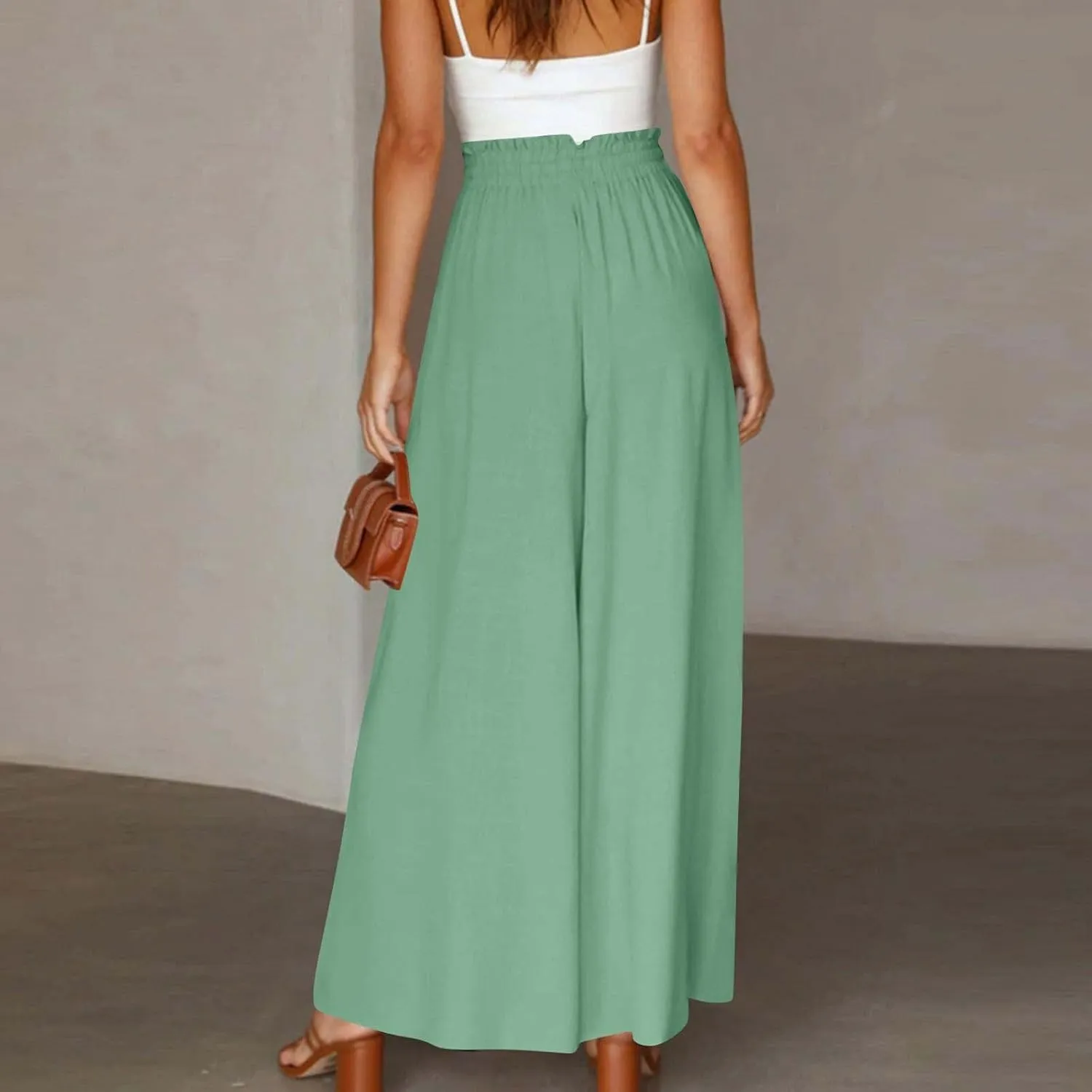 Summer Pants for Women Wide Leg Elastic Waisted Chiffon Baggy Flowy Long Lounge Trousers Vacation Pant with Pockets