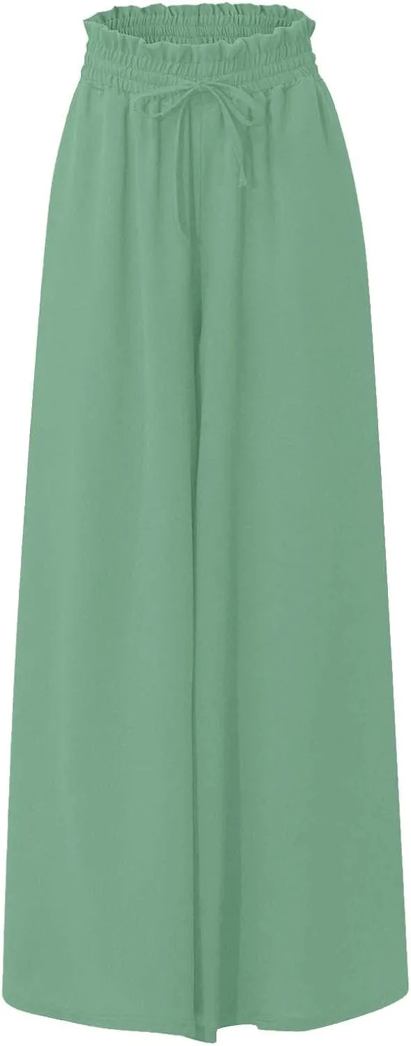 Summer Pants for Women Wide Leg Elastic Waisted Chiffon Baggy Flowy Long Lounge Trousers Vacation Pant with Pockets