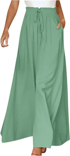Summer Pants for Women Wide Leg Elastic Waisted Chiffon Baggy Flowy Long Lounge Trousers Vacation Pant with Pockets