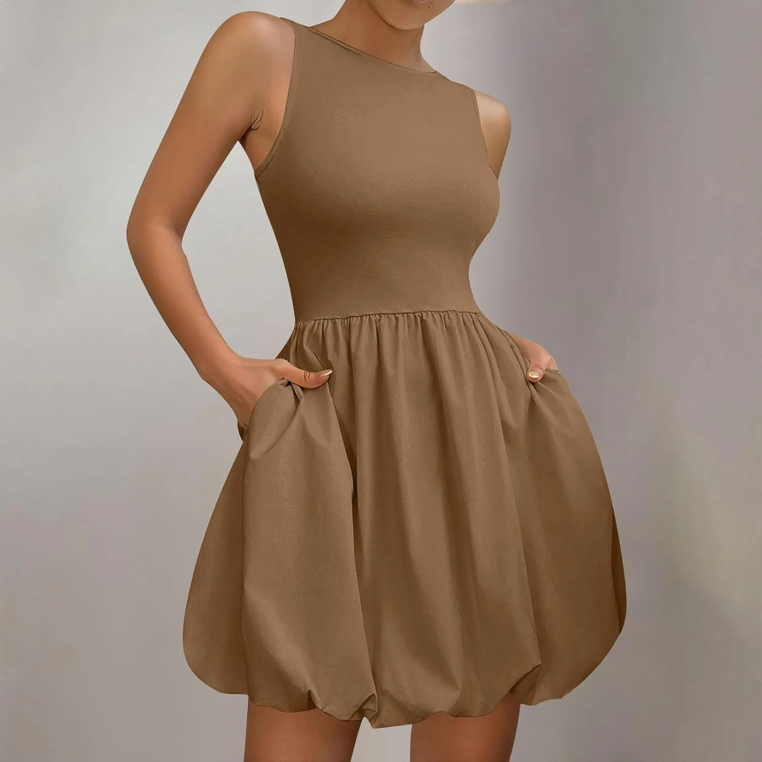 Summer Sundress for Women 2025 Casual Sleeveless Short Mini Dress Cute Crewneck Bubble Tank Dresses with Pockets