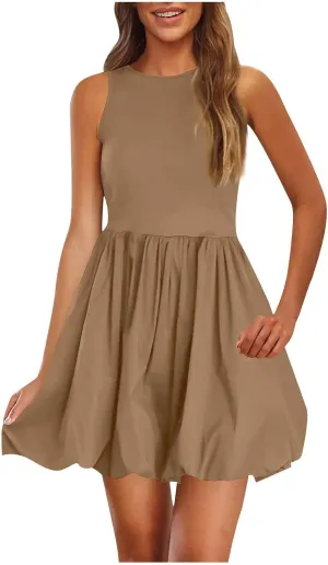 Summer Sundress for Women 2025 Casual Sleeveless Short Mini Dress Cute Crewneck Bubble Tank Dresses with Pockets