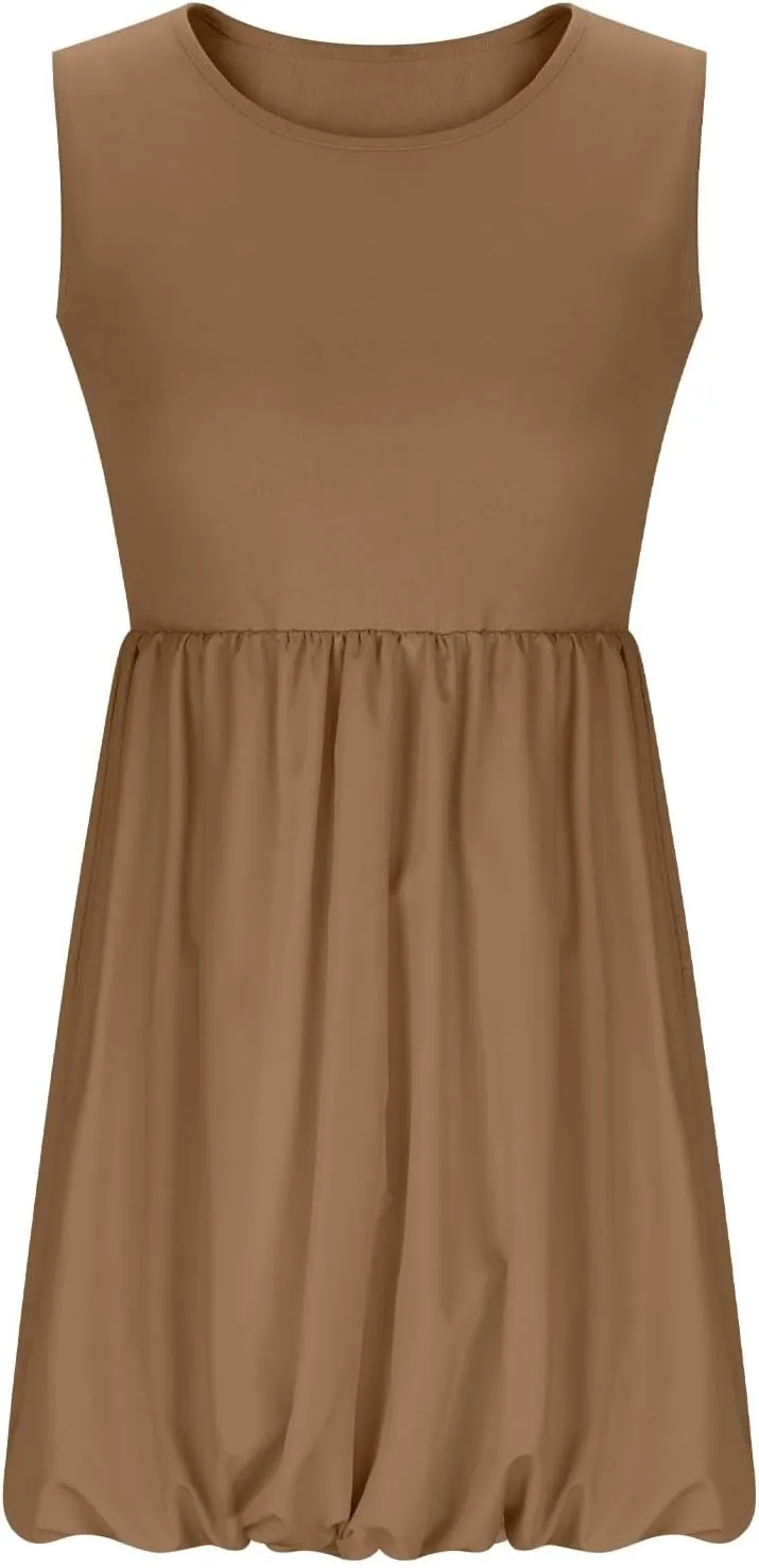 Summer Sundress for Women 2025 Casual Sleeveless Short Mini Dress Cute Crewneck Bubble Tank Dresses with Pockets