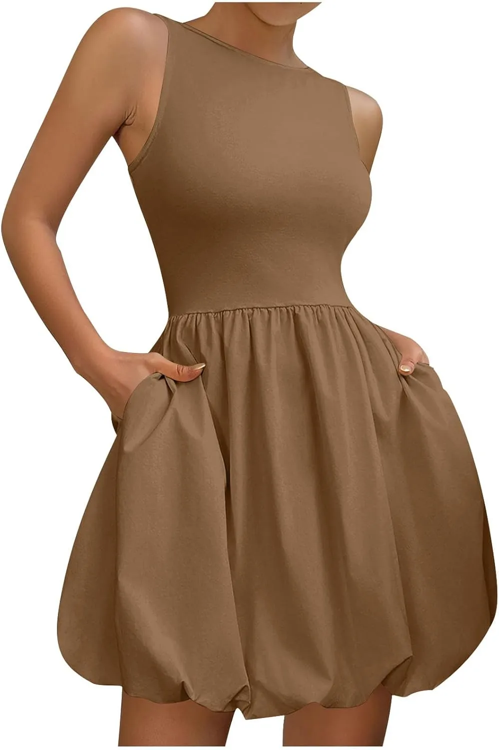 Summer Sundress for Women 2025 Casual Sleeveless Short Mini Dress Cute Crewneck Bubble Tank Dresses with Pockets