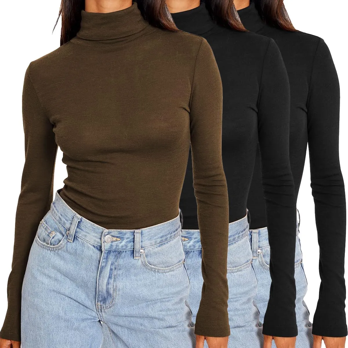 SUNBS Womens 3 Piece Turtleneck Long Sleeve Shirts Mock Neck Fall Fashion 2025 Slim Fit Winter Thermal Underwear Tops