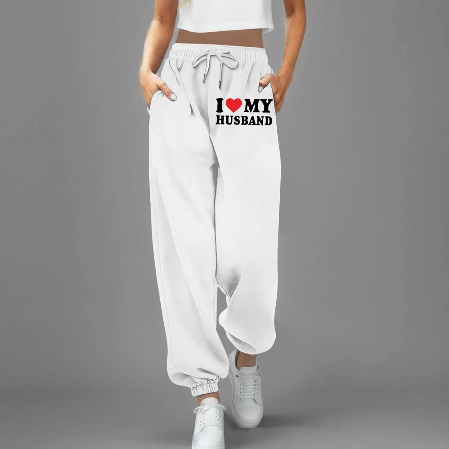 Sweatpants for Tall Women I Love My Husband Letter Print Drawstring Lounge Jogger Pants High Waist Baggy Trousers with Pocket