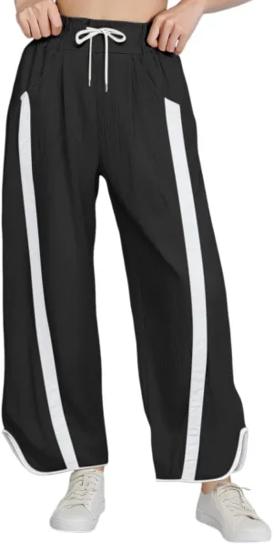 Sweatpants Women Stripe Plus Size Drawstring High Waist Casual Palazzo Pants Straight Wide Leg Trousers with Pocket