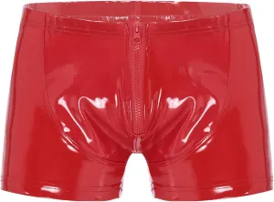 Sxiwei Mens Wet Look Patent Leather Shiny Zipper Front Shorts Elastic Boxer Briefs Trunks Underpants