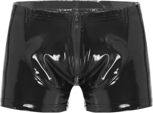 Sxiwei Mens Wet Look Patent Leather Shiny Zipper Front Shorts Elastic Boxer Briefs Trunks Underpants