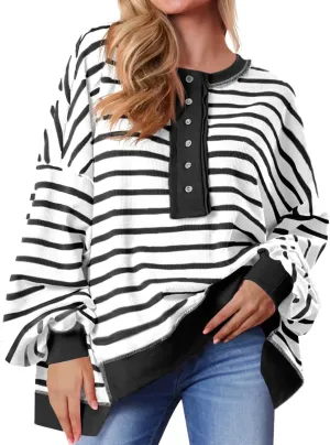 Tankaneo Womens Oversized Striped Sweatshirts Henley Shirts Color Block Casual Pullover Waffle Knit Tops