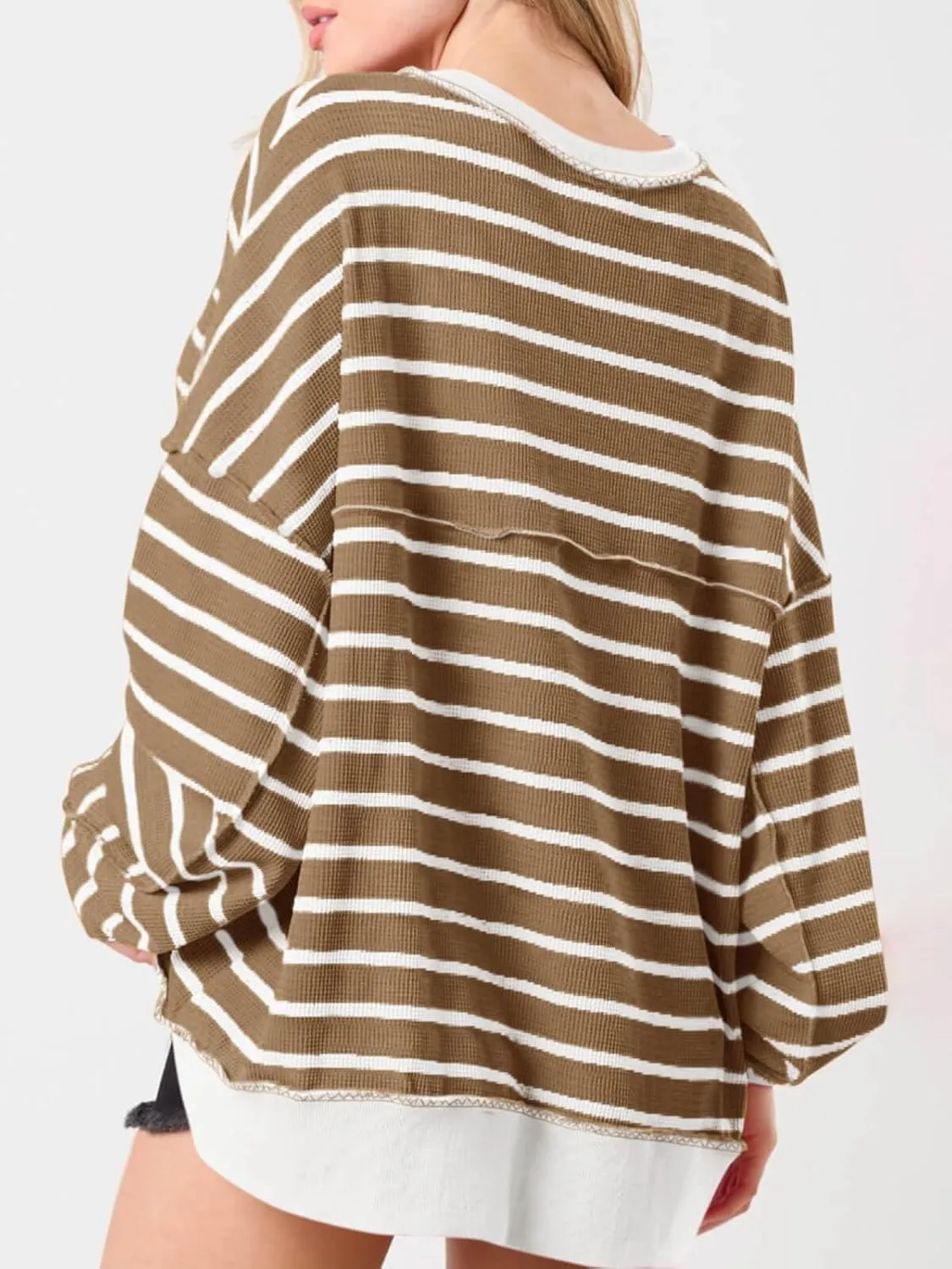 Tankaneo Womens Oversized Striped Sweatshirts Henley Shirts Color Block Casual Pullover Waffle Knit Tops