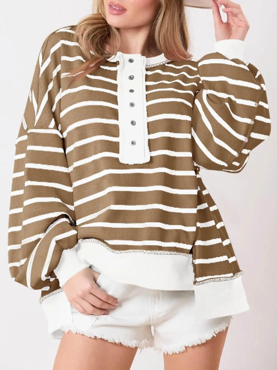 Tankaneo Womens Oversized Striped Sweatshirts Henley Shirts Color Block Casual Pullover Waffle Knit Tops