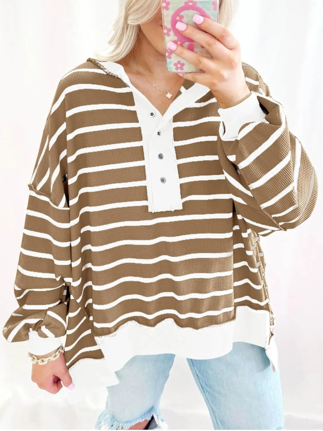 Tankaneo Womens Oversized Striped Sweatshirts Henley Shirts Color Block Casual Pullover Waffle Knit Tops