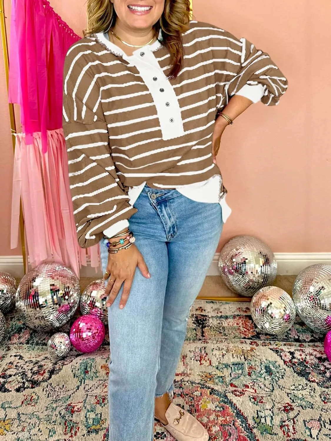 Tankaneo Womens Oversized Striped Sweatshirts Henley Shirts Color Block Casual Pullover Waffle Knit Tops
