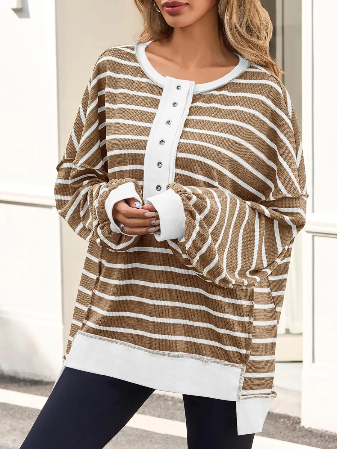 Tankaneo Womens Oversized Striped Sweatshirts Henley Shirts Color Block Casual Pullover Waffle Knit Tops
