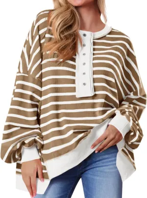 Tankaneo Womens Oversized Striped Sweatshirts Henley Shirts Color Block Casual Pullover Waffle Knit Tops