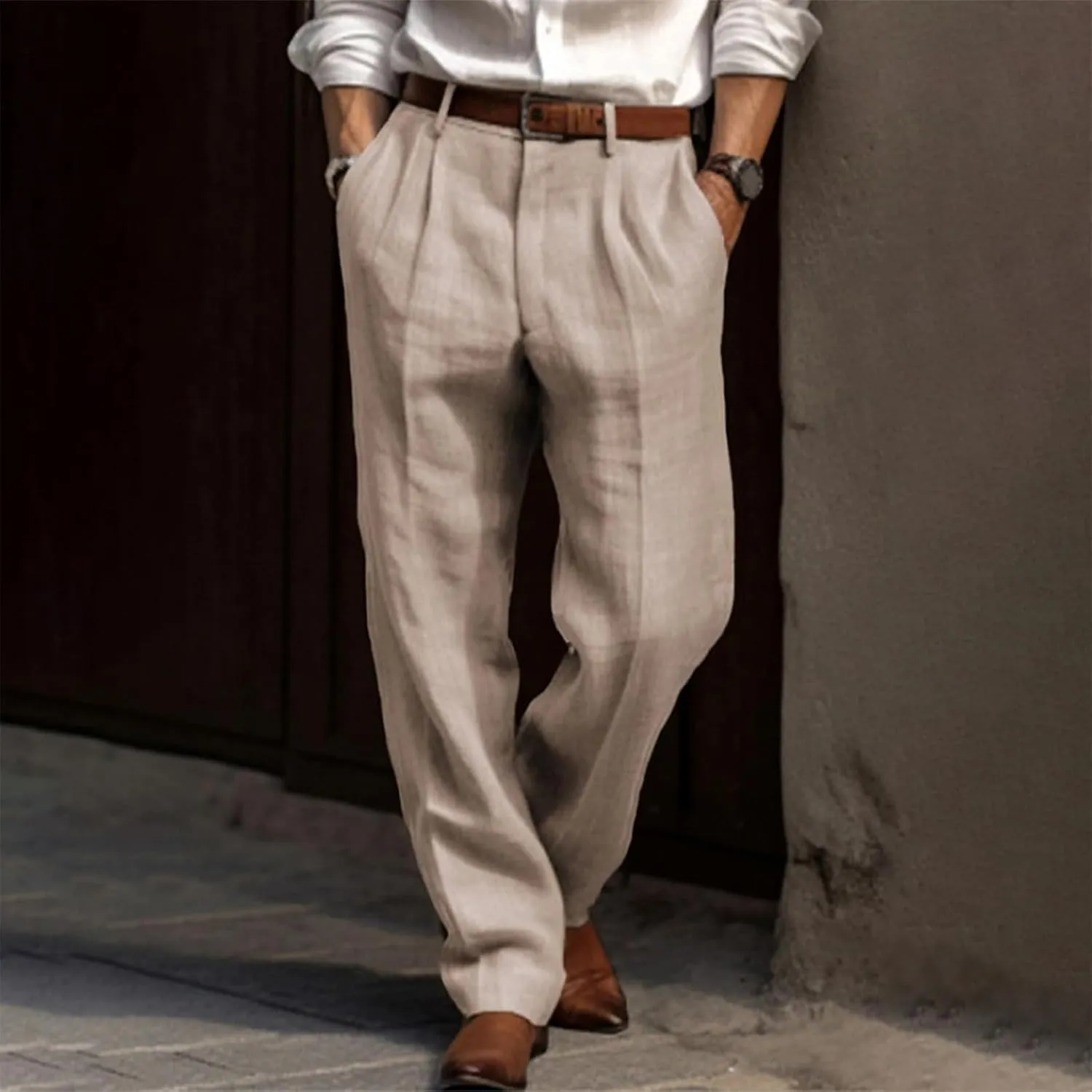 Thatrich Casual Linen Pants Men Retro Business Formal Work Pants Lightweight Regular Fit Straight Leg Beach Vacation Slacks