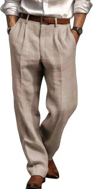 Thatrich Casual Linen Pants Men Retro Business Formal Work Pants Lightweight Regular Fit Straight Leg Beach Vacation Slacks
