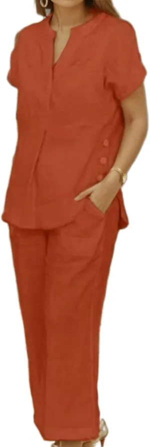 TIAFORD Women Cotton Linen 2 Piece Pants Suit Sets Casual Short Sleeve Shirts Wide Leg Trousers Outfits