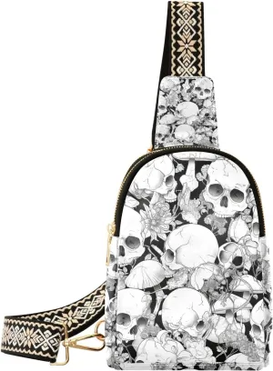 Trendy Black and White Skull large fanny pack anti-theft leather sling bag for for hiking