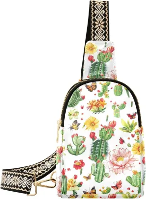 trendy Nature Cactus FLOWER and whites Colorful womens fanny pack leather for women crossbody purse for hiking
