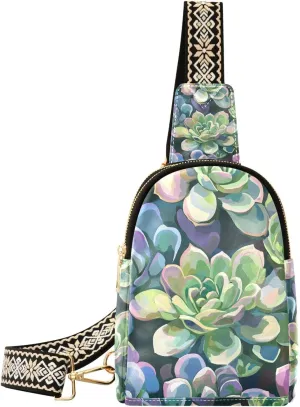 Trendy Succulent Art Illustration Green Purple crossbody sling bags leather fanny pack diaper bag for travel