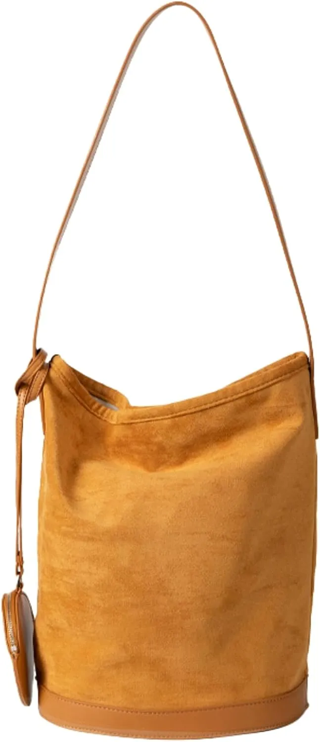 Trendy Suede Bucket Bag Mini Zip Round Accessory Pouch Women 2024 Fall Shoulder Bag Vintage Handbag
