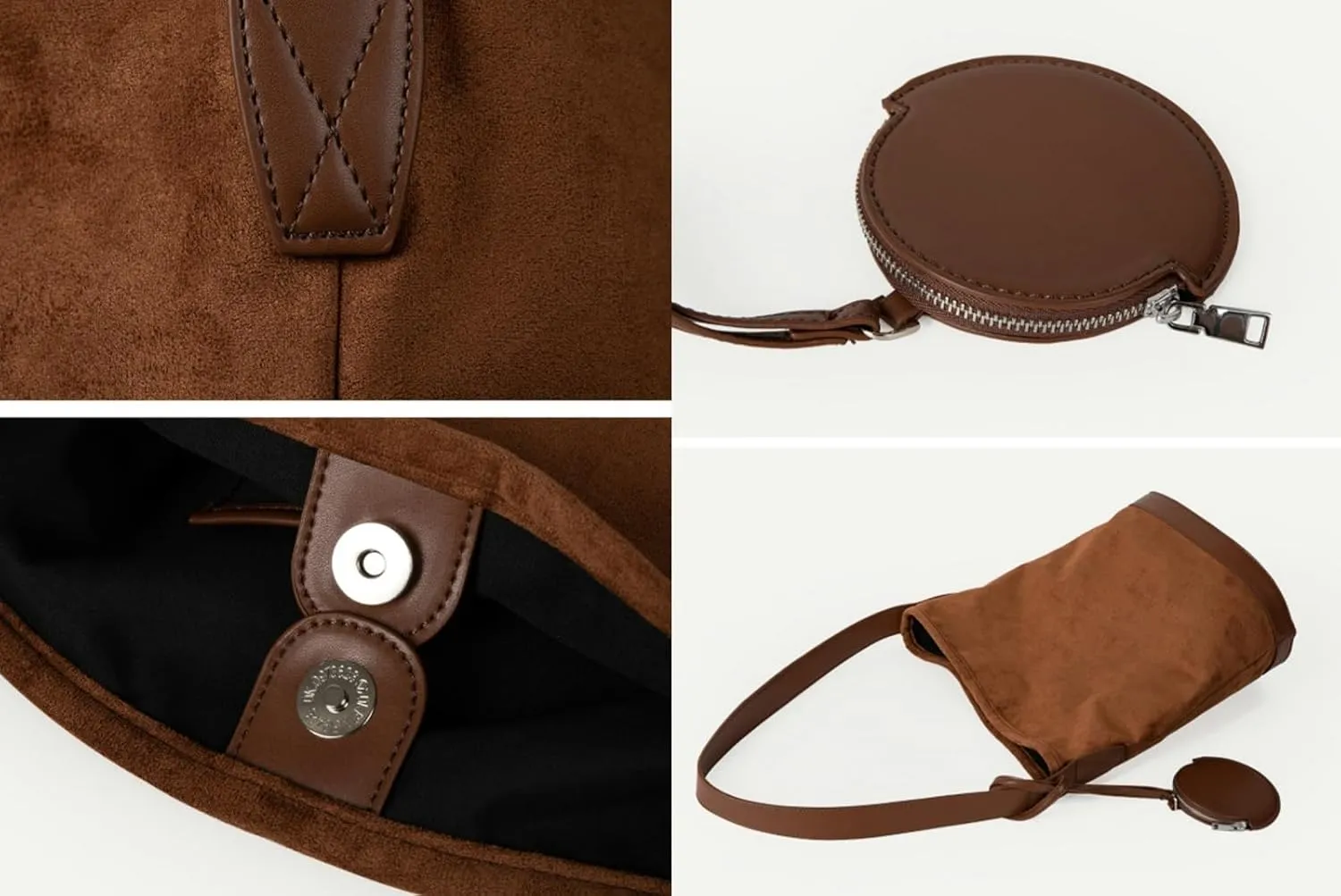 Trendy Suede Bucket Bag Mini Zip Round Accessory Pouch Women 2024 Fall Shoulder Bag Vintage Handbag