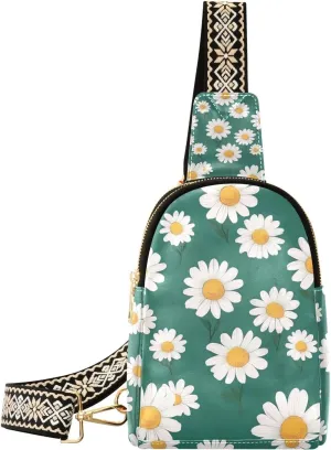 Trendy White Daisy large fanny packs leather sling bag for women for hiking