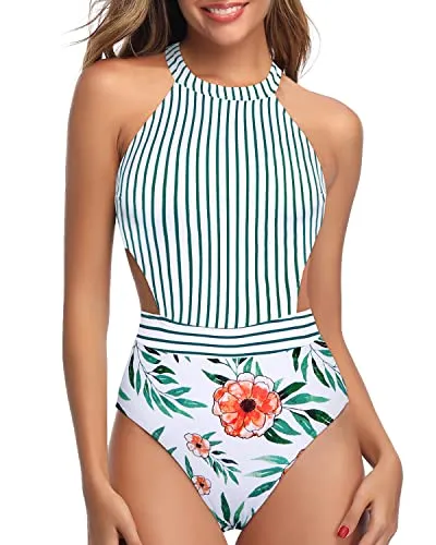 Tummy Control One Piece Cutout Swimsuits For Women-White Floral