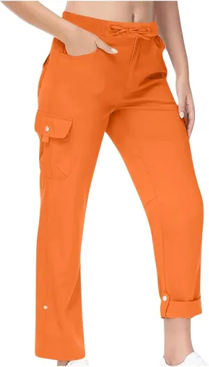 Tummy Control Pants for Women Elastic Waist Casual Summer Trousers Skinny Baggy = Lightweight Cargo Pants with Pockets