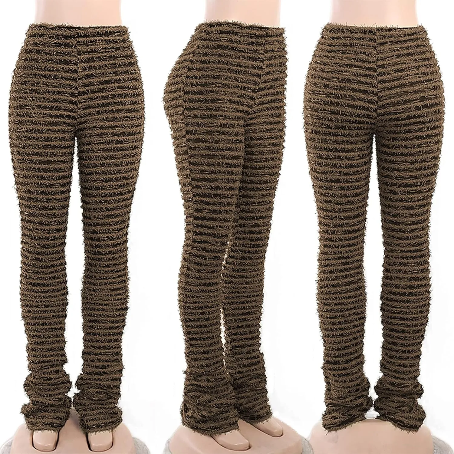 Vakkest Women's Striped Knitted Stacked Leggings Pants Hip Lifting Casual Streetwear Trousers Y2K Fluffy Jogger Sweatpants