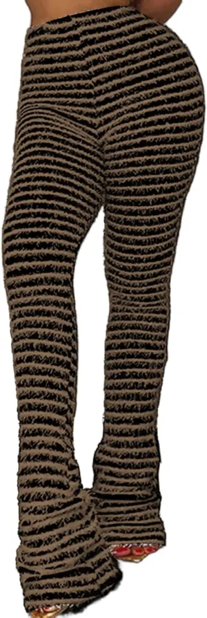 Vakkest Women's Striped Knitted Stacked Leggings Pants Hip Lifting Casual Streetwear Trousers Y2K Fluffy Jogger Sweatpants