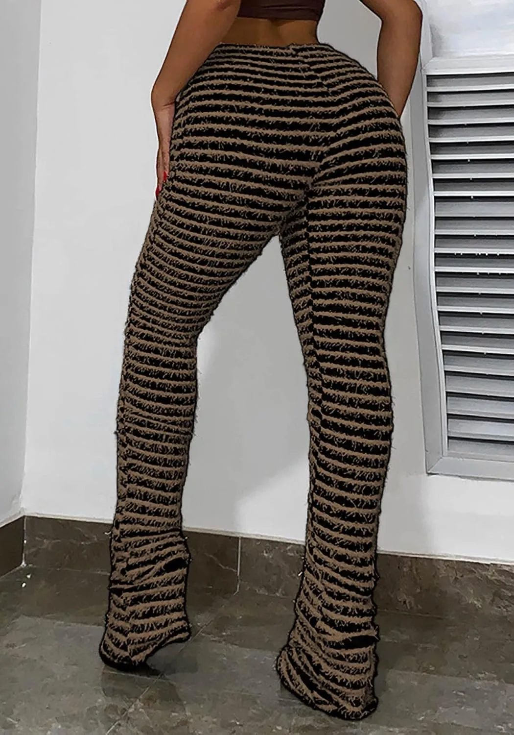 Vakkest Women's Striped Knitted Stacked Leggings Pants Hip Lifting Casual Streetwear Trousers Y2K Fluffy Jogger Sweatpants