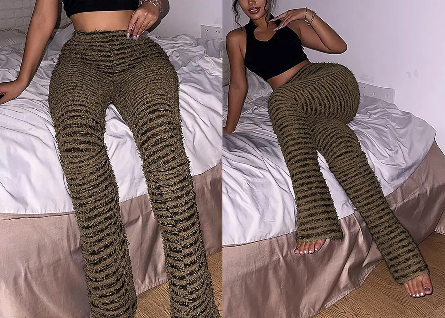 Vakkest Women's Striped Knitted Stacked Leggings Pants Hip Lifting Casual Streetwear Trousers Y2K Fluffy Jogger Sweatpants