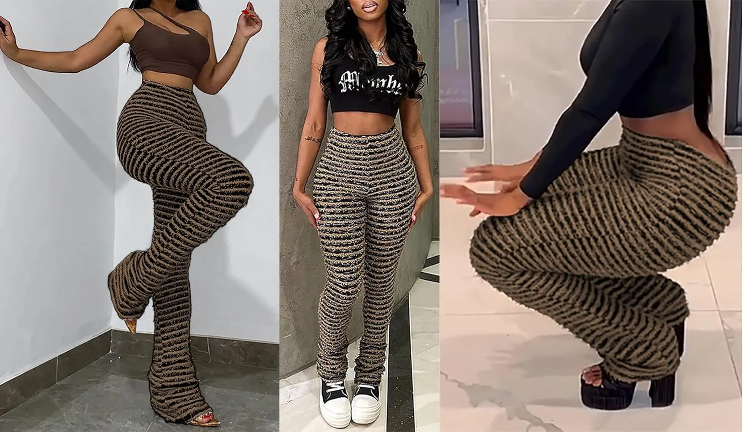 Vakkest Women's Striped Knitted Stacked Leggings Pants Hip Lifting Casual Streetwear Trousers Y2K Fluffy Jogger Sweatpants