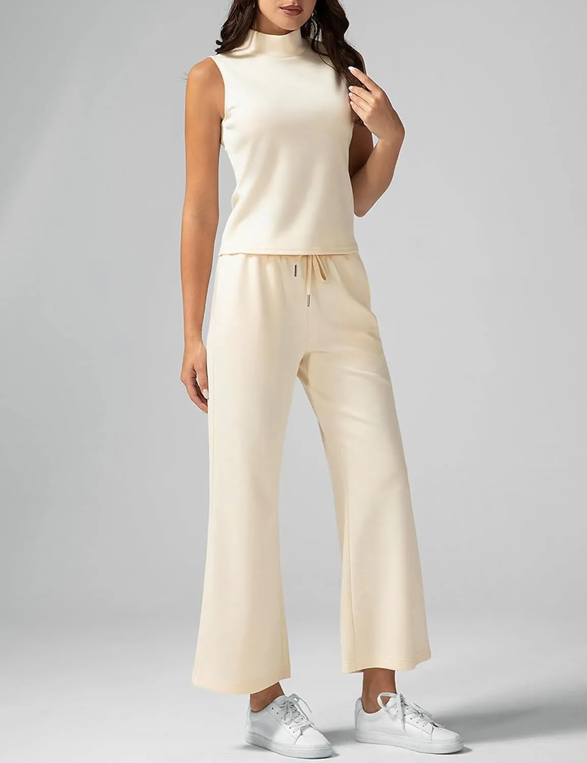 VECVOC Women's Summer 2 Piece Outfits Mock Neck Tank Top Cropped Wide Leg Pants Lounge Sets Tracksuit With Pocket
