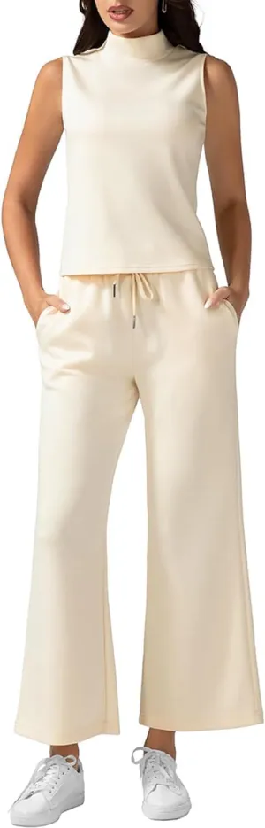 VECVOC Women's Summer 2 Piece Outfits Mock Neck Tank Top Cropped Wide Leg Pants Lounge Sets Tracksuit With Pocket