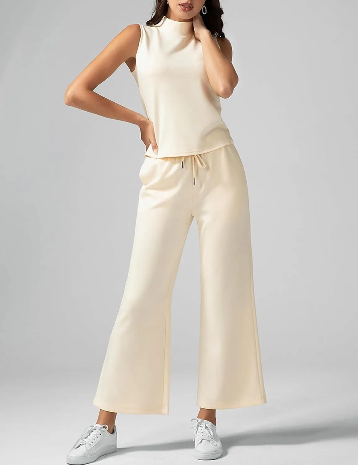 VECVOC Women's Summer 2 Piece Outfits Mock Neck Tank Top Cropped Wide Leg Pants Lounge Sets Tracksuit With Pocket