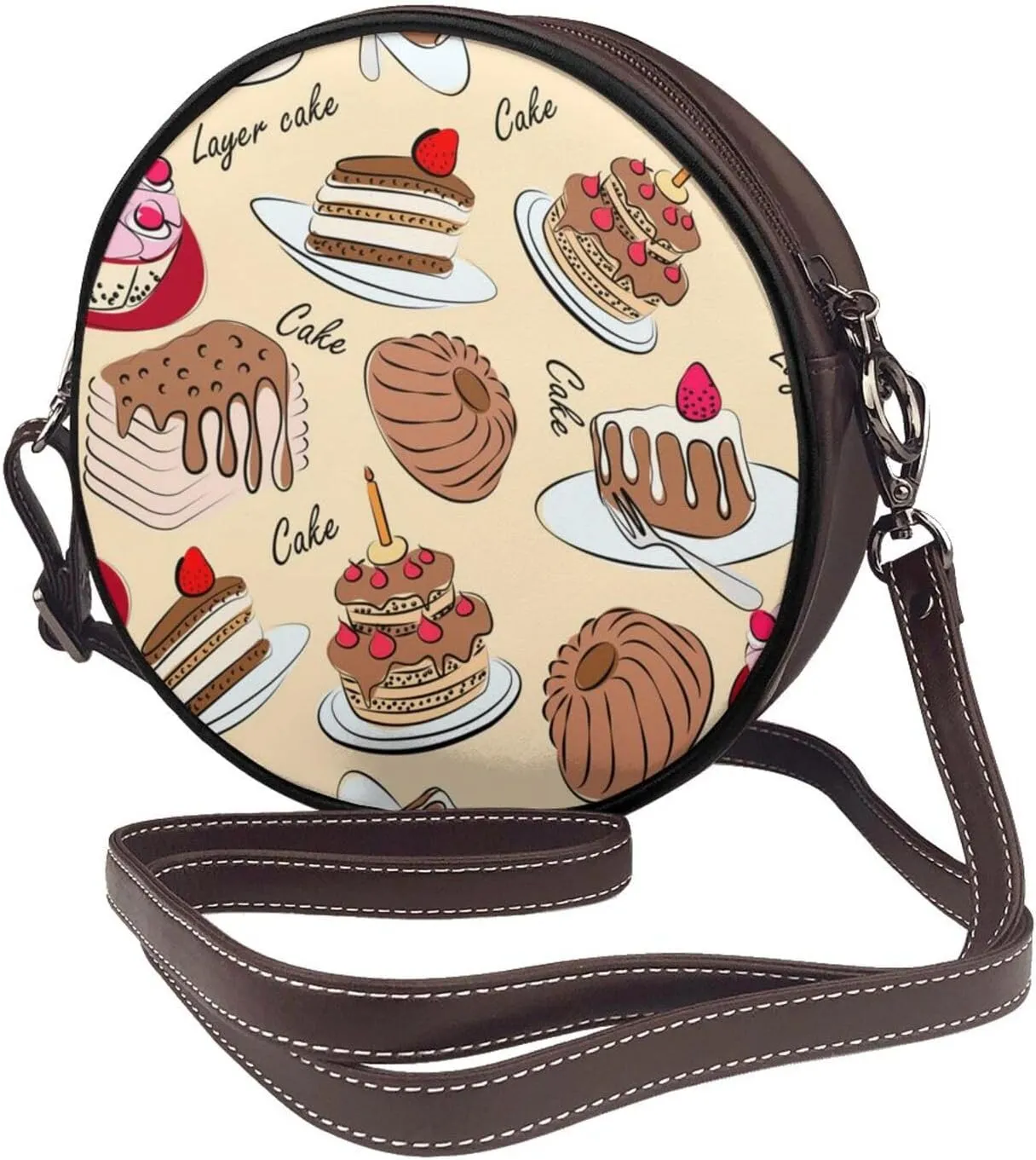 Vintage Faux Leather Shoulder Crossbody Purse Handbag Round for Women with Adjustable Strap