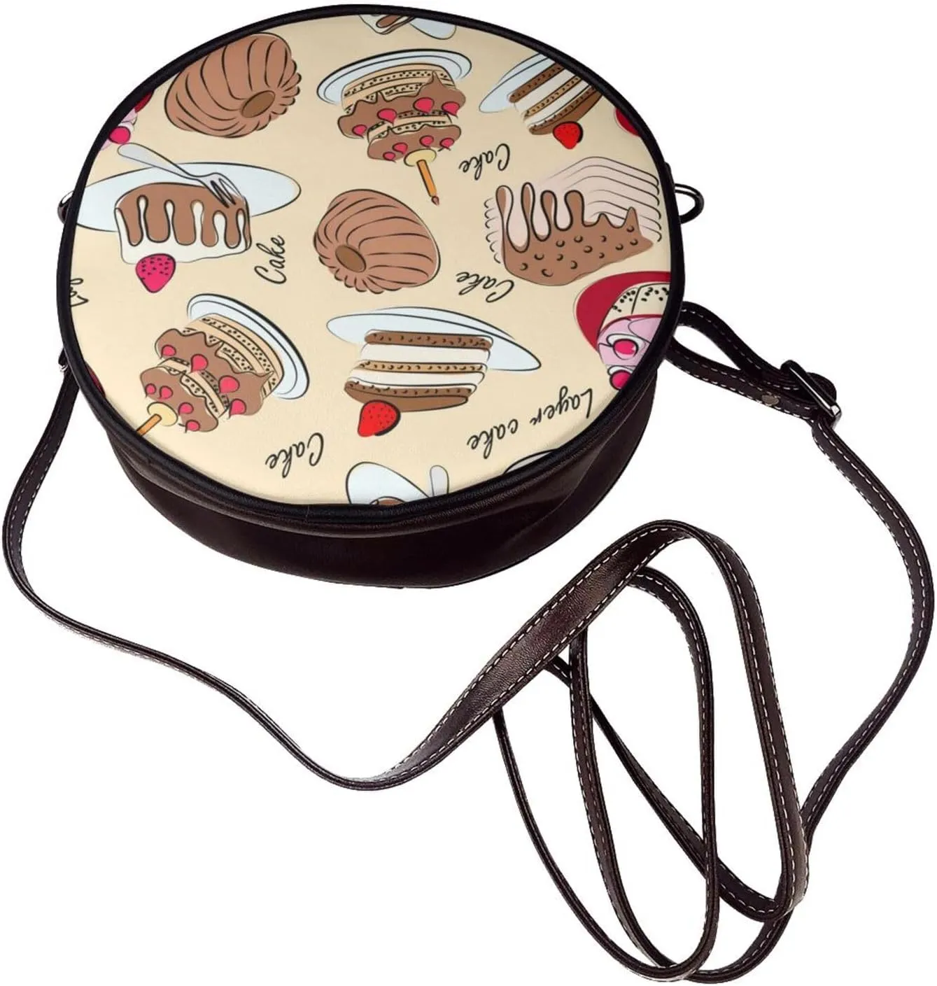 Vintage Faux Leather Shoulder Crossbody Purse Handbag Round for Women with Adjustable Strap