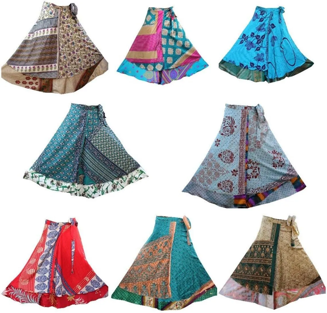 Vintage Mini Silk wrap Skirt Women Beach Skirt Handmade Boho Magic Double Layer Silk Skirt