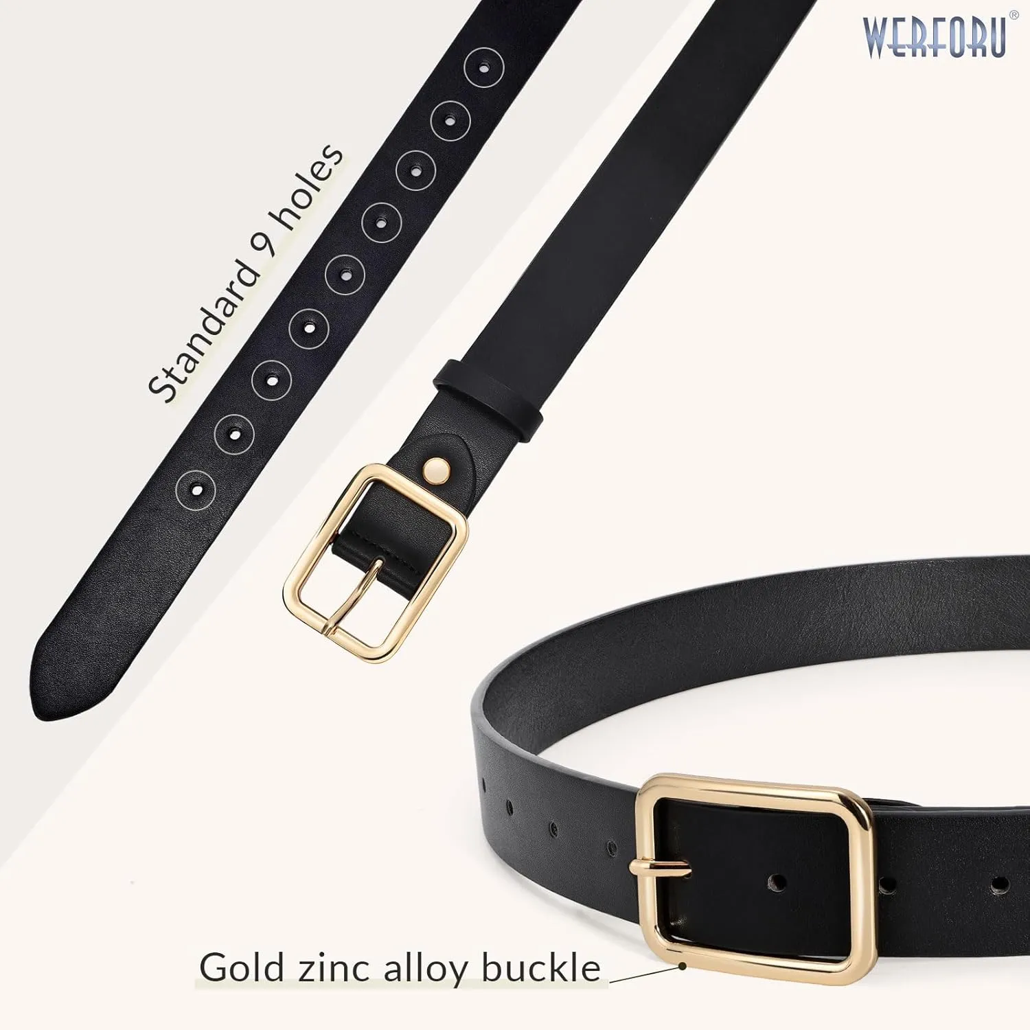 WERFORU Women Classic Black Leather Belt With Square Black Buckle For Jeans Pants,1.3" width