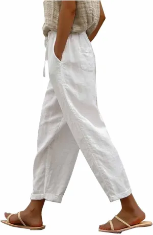 Wide Leg Baggy Pants for Women Summer Drawstring Cotton Linen Pants Beach Lounge Trousers with Pockets