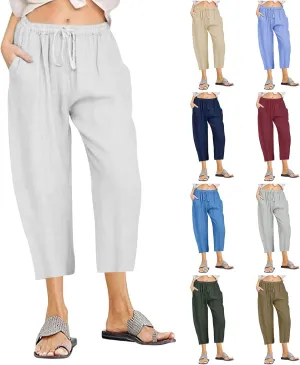 Wide Leg Capri Pants for Women Plus Size Summer Casual Loose Fit Beach Vacation Linen Pants Lightweight Cropped Trousers