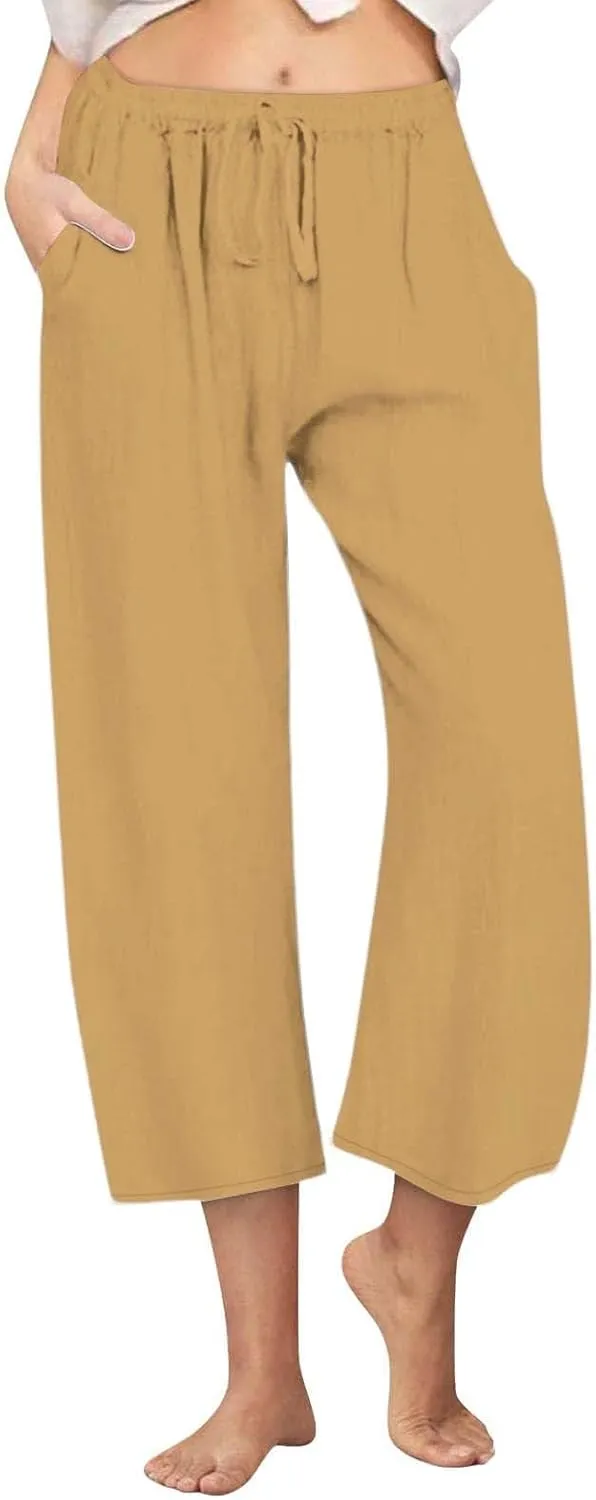 Wide Leg Capris for Women Summer Casual Palazzo Pants Drawstring Elastic Waist Baggy Lightweight Beach Capri Trousers