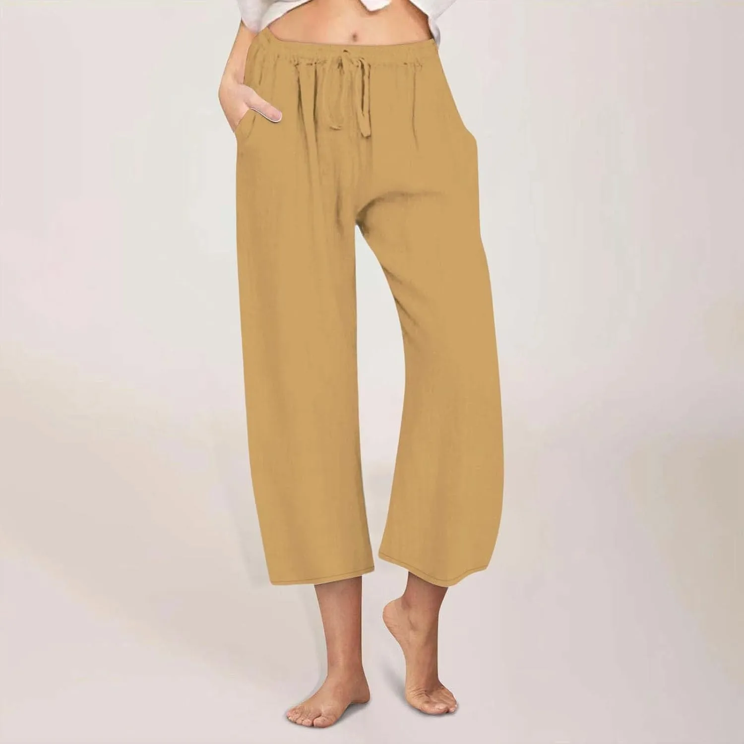 Wide Leg Capris for Women Summer Casual Palazzo Pants Drawstring Elastic Waist Baggy Lightweight Beach Capri Trousers